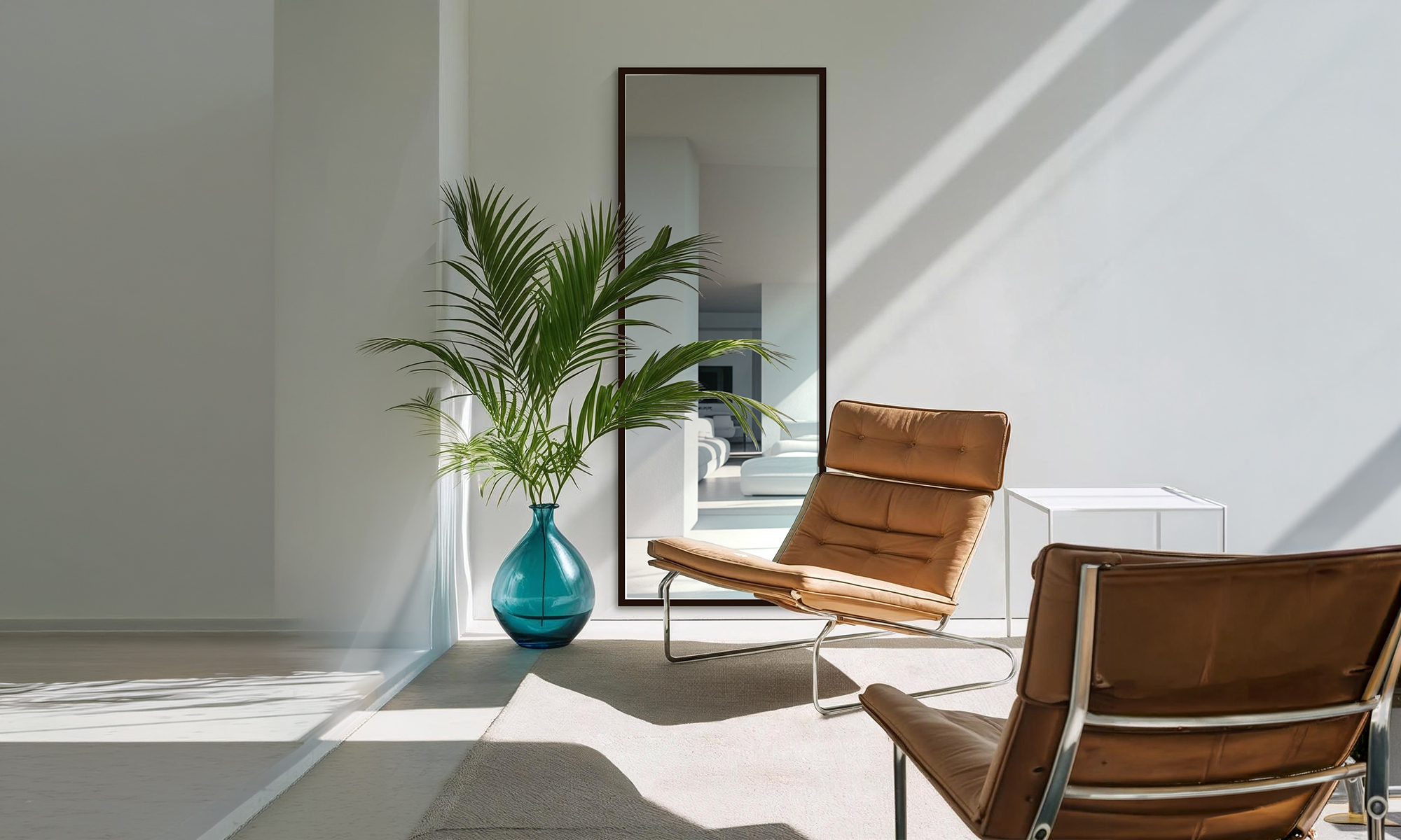 大サイズミラーで空間を明るく広く見せるイメージ