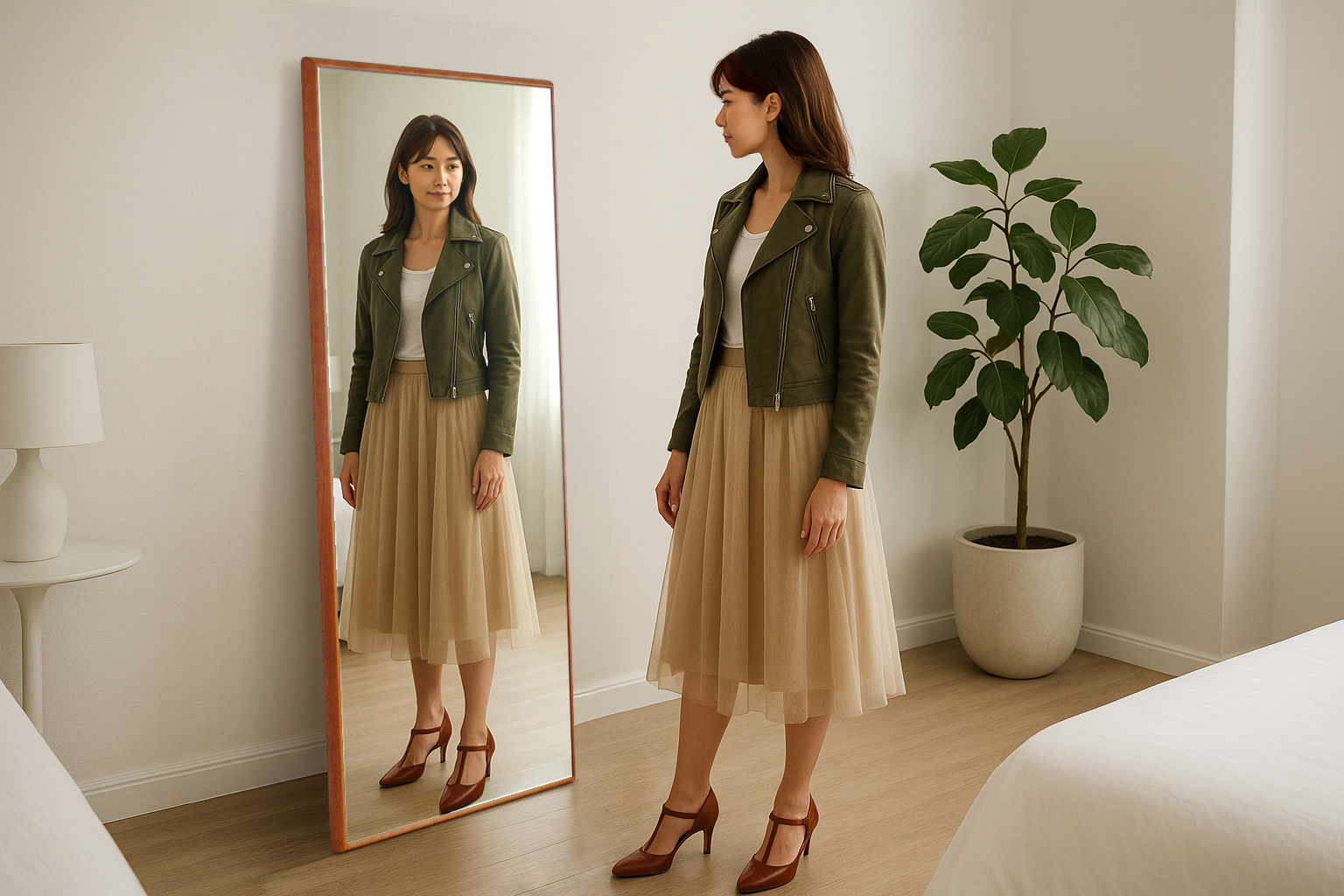 姿見で秋の装いのチェック